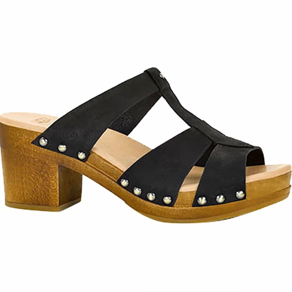 Ugg Black Leather T-Strap Studded Clog Sandals Womens Size 10 Boho Biker Goth